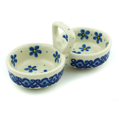 Polish Pottery Condiment Dish 5&quot; Blue Flower Snow