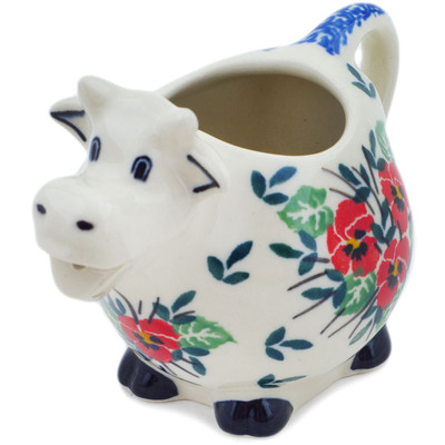 Polish Pottery Cow Shaped Creamer 6 oz Red Pansy