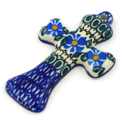 Polish Pottery Cross 3&quot; Traditional Blue Wildflower