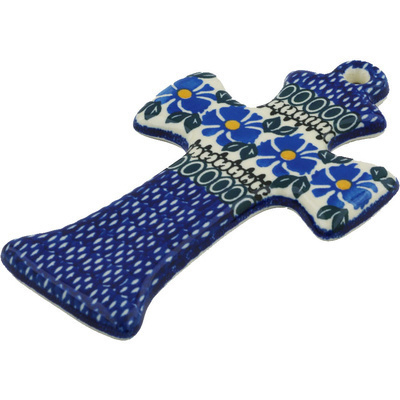Polish Pottery Cross 7&quot; Traditional Blue Wildflower