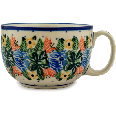 Polish Pottery Cup 13 oz Dotted Floral Wreath UNIKAT