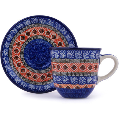 Polish Pottery Cup with Saucer 10 oz Aztec Night