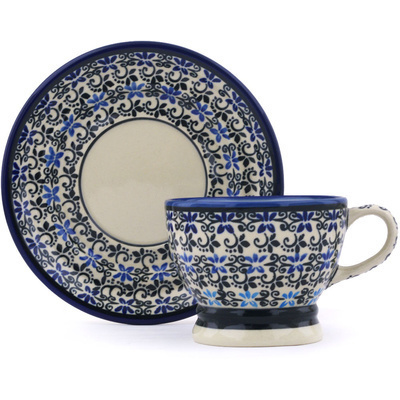 Polish Pottery Cup with Saucer 10 oz Black And Blue Lace