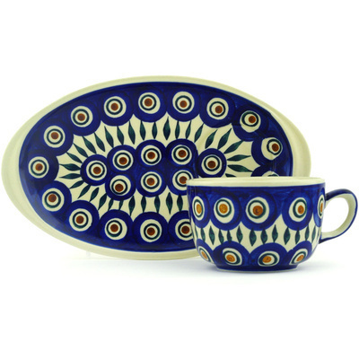 Polish Pottery Cup with Saucer 10 oz Blue Peacock