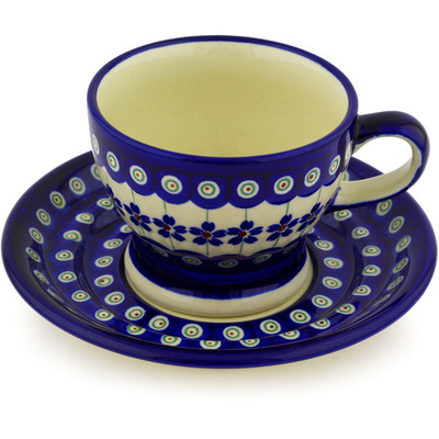 Polish Pottery Cup with Saucer 10 oz Flowering Peacock