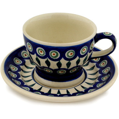 Polish Pottery Cup with Saucer 10 oz Peacock Leaves