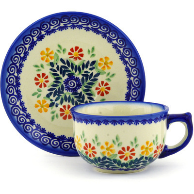 Polish Pottery Cup with Saucer 10 oz Wave Of Flowers