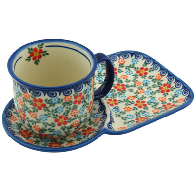 Polish Pottery Cup with Saucer 11 oz Country Drive