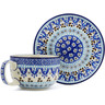Polish Pottery Cup with Saucer 13 oz Blue Ice