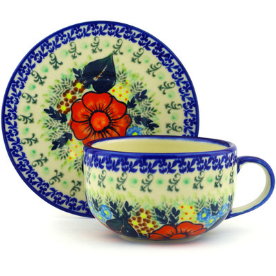 Polish Pottery Cup with Saucer 17 oz Bold Poppies UNIKAT