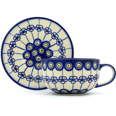Polish Pottery Cup with Saucer 17 oz Flowering Peacock