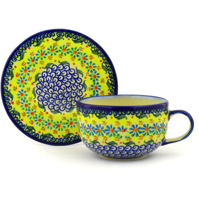 Polish Pottery Cup with Saucer 17 oz Sunshine Blooms