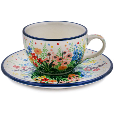 Polish Pottery Cup with Saucer 4 oz Colors Of The Wind UNIKAT