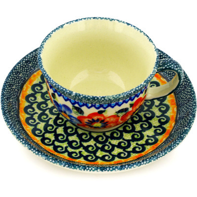 Polish Pottery Cup with Saucer 5 oz Blue And Red Poppies UNIKAT