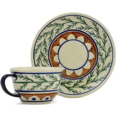 Polish Pottery Cup with Saucer 5 oz Pine Boughs