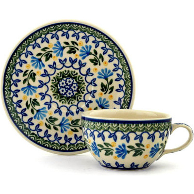 Polish Pottery Cup with Saucer 7 oz Blue Fan Flowers