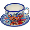 Polish Pottery Cup with Saucer 7 oz Bold Poppies