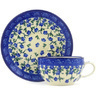 Polish Pottery Cup with Saucer 7 oz Cascading Blue Blossoms
