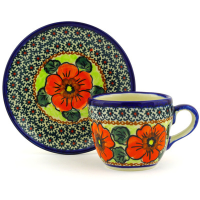 Polish Pottery Cup with Saucer 7 oz Fiery Poppies UNIKAT