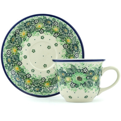 Polish Pottery Cup with Saucer 7 oz Green Wreath UNIKAT