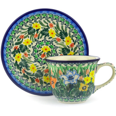 Polish Pottery Cup with Saucer 7 oz Lily Meadow UNIKAT