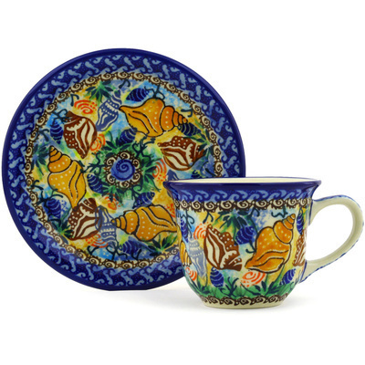 Polish Pottery Cup with Saucer 7 oz Ocean Whisper UNIKAT