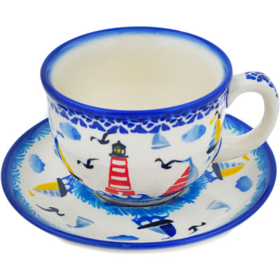 Polish Pottery Cup with Saucer 7 oz Sea Sights UNIKAT