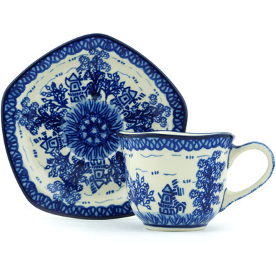 Polish Pottery Cup with Saucer 8 oz Blue Street UNIKAT
