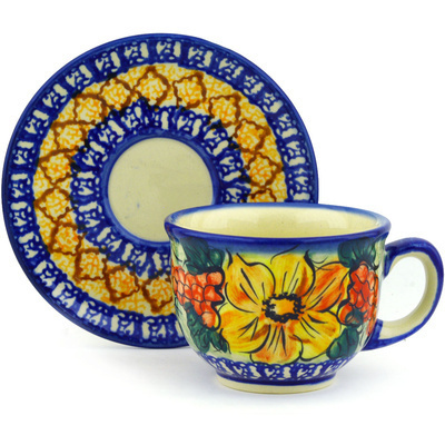 Polish Pottery Cup with Saucer 8 oz Colorful Bouquet UNIKAT