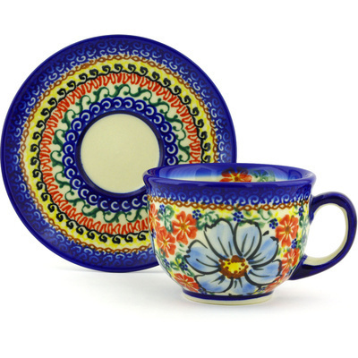 Polish Pottery Cup with Saucer 8 oz Festive Forget-me-not UNIKAT