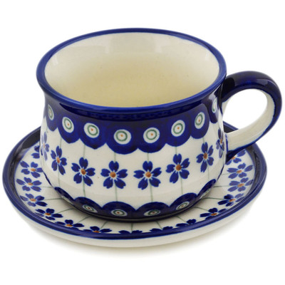 Polish Pottery Cup with Saucer 8 oz Flowering Peacock