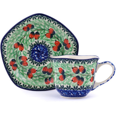 Polish Pottery Cup with Saucer 8 oz Seeds Of Autumn UNIKAT