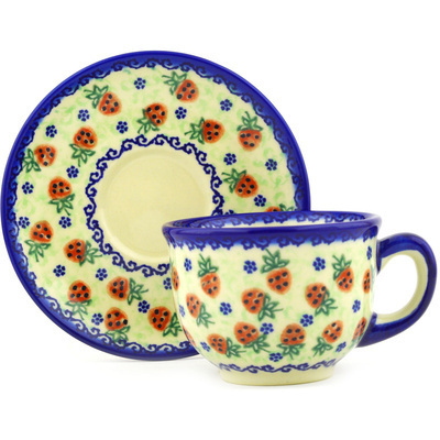 Polish Pottery Cup with Saucer 8 oz Strawberries And Cream UNIKAT