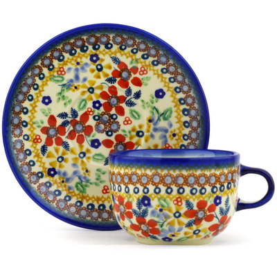 Polish Pottery Cup with Saucer 8 oz Summer Bouquet UNIKAT