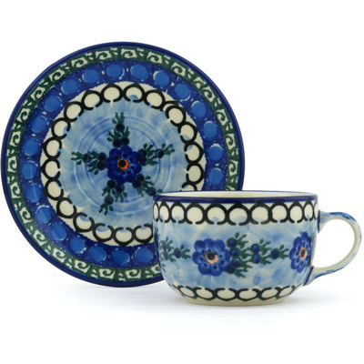 Polish Pottery Cup with Saucer 9 oz Blue Delight UNIKAT