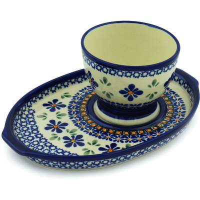 Polish Pottery Cup with Saucer 9 oz Gangham Flower Chain