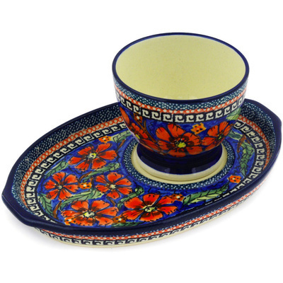 Polish Pottery Cup with Saucer 9 oz Poppies UNIKAT