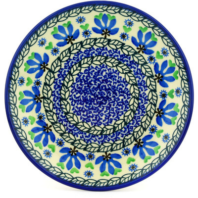 Polish Pottery Dessert Plate Blue Fan Flowers