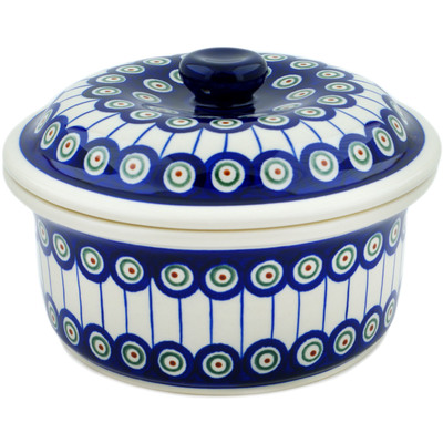 Polish Pottery Dish with Cover 8&quot; Traditional Peacock