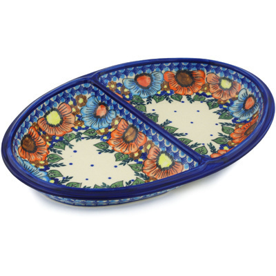 Polish Pottery Divided Dish 14&quot; Bold Poppies