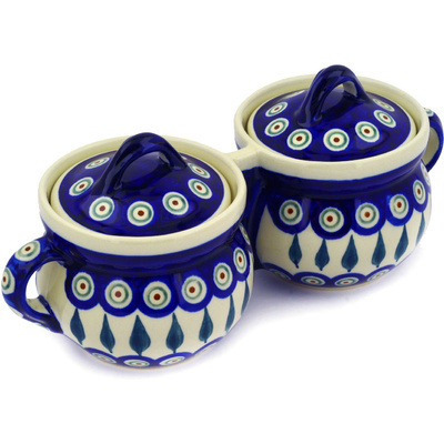 Polish Pottery Double Jar 11&quot; Peacock Leaves