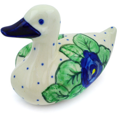 Polish Pottery Duck Figurine 5&quot; Blue Pansies UNIKAT
