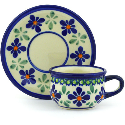 Polish Pottery Espresso Cup with Saucer 2 oz Gingham Flowers