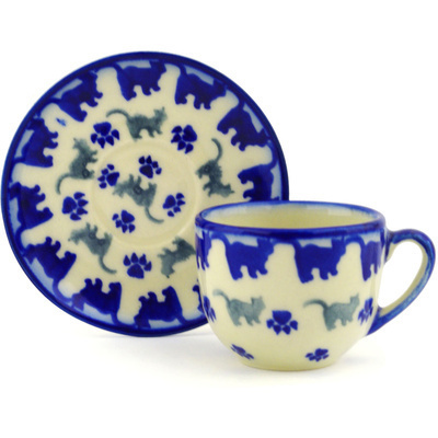 Polish Pottery Espresso Cup with Saucer 3 oz Boo Boo Kitty Paws