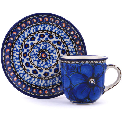 Polish Pottery Espresso Cup with Saucer 3 oz Cobalt Poppies UNIKAT