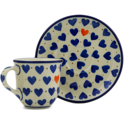 Polish Pottery Espresso Cup with Saucer 3 oz Heart Of Hearts