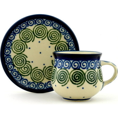 Polish Pottery Espresso Cup with Saucer 3 oz Swirling Polka Dot