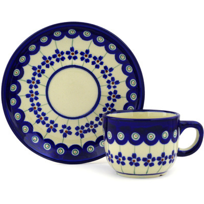 Polish Pottery Espresso Cup with Saucer 5 oz Flowering Peacock