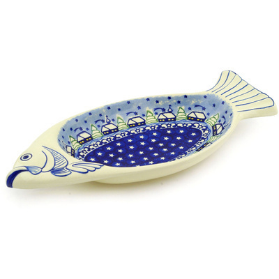 Polish Pottery Fish Shaped Platter 15&quot; Village Stars UNIKAT