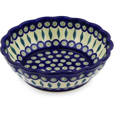 Polish Pottery Fluted Bowl 10&quot; Peacock Leaves
